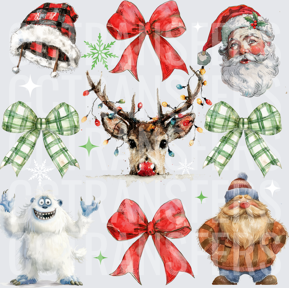 Christmas Character Bundle Bows Reindeer Gnome Yeti Santa (DTF)