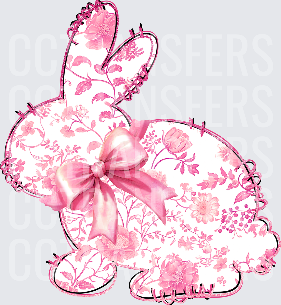 Pink Floral Bunny Silhouette with Satin Bow (DTF)