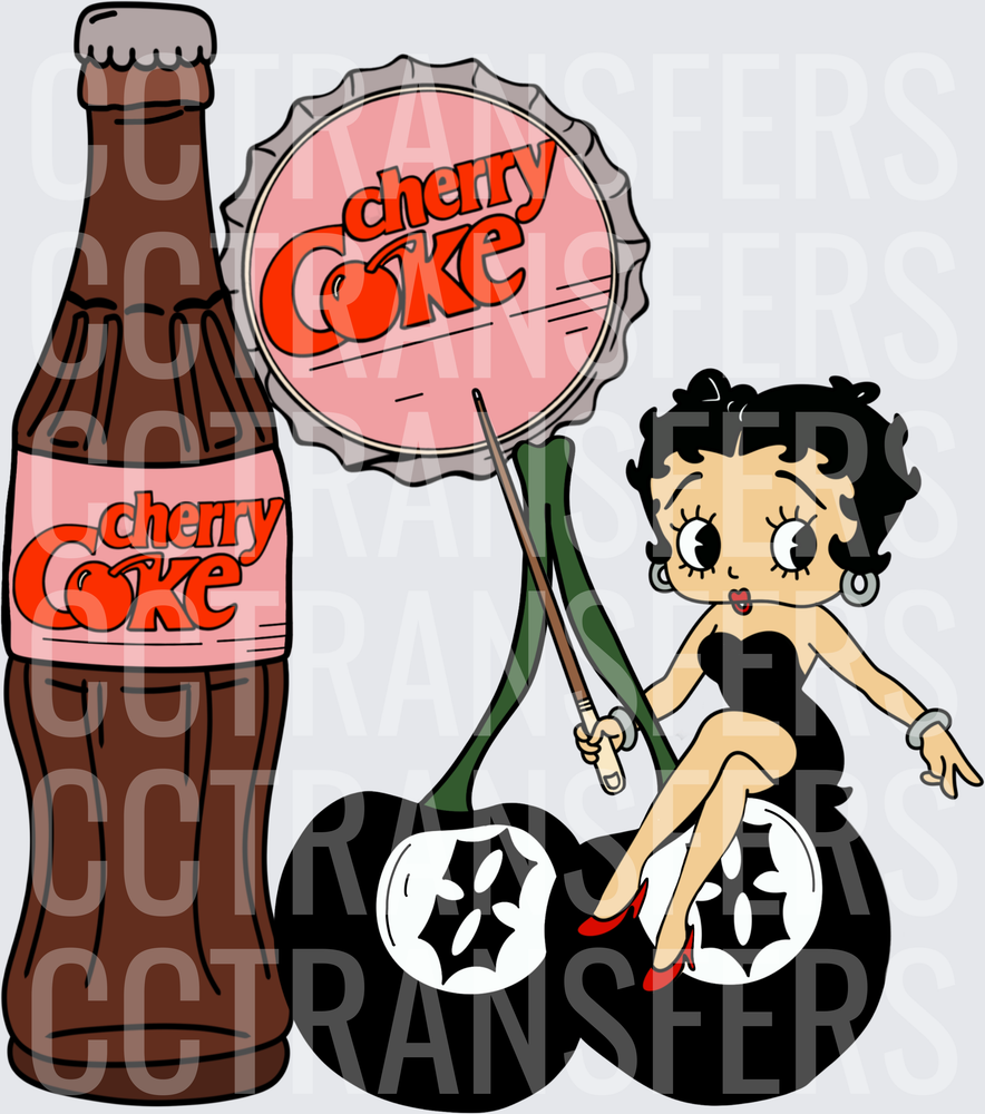 Retro Cartoon Girl Sitting on Cherries with Soda Bottle (DTF)