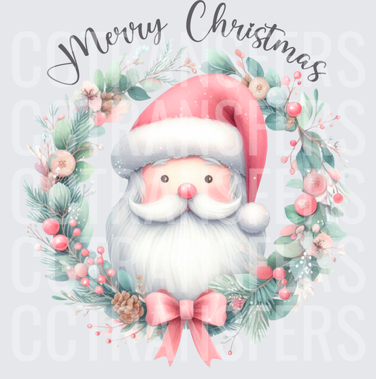 Merry Christmas Cute Santa Pastel Floral Wreath Pink Bow (DTF)