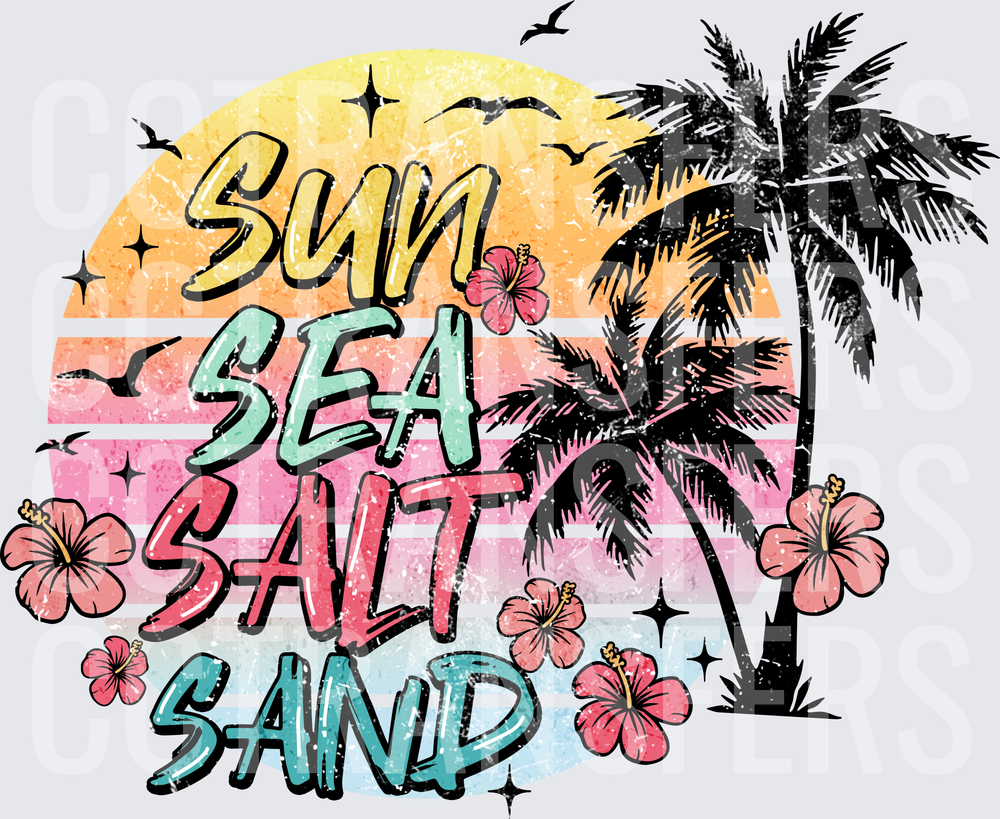 Sun Sea Salt Sand Retro Sunset Palm Tree Hibiscus (DTF)