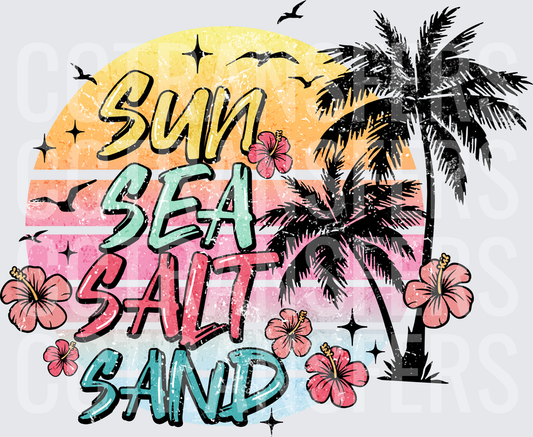 Sun Sea Salt Sand Retro Sunset Palm Tree Hibiscus (DTF)