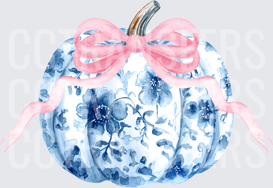 Blue and White Floral Chinoiserie Pumpkin with Pink Bow (DTF)