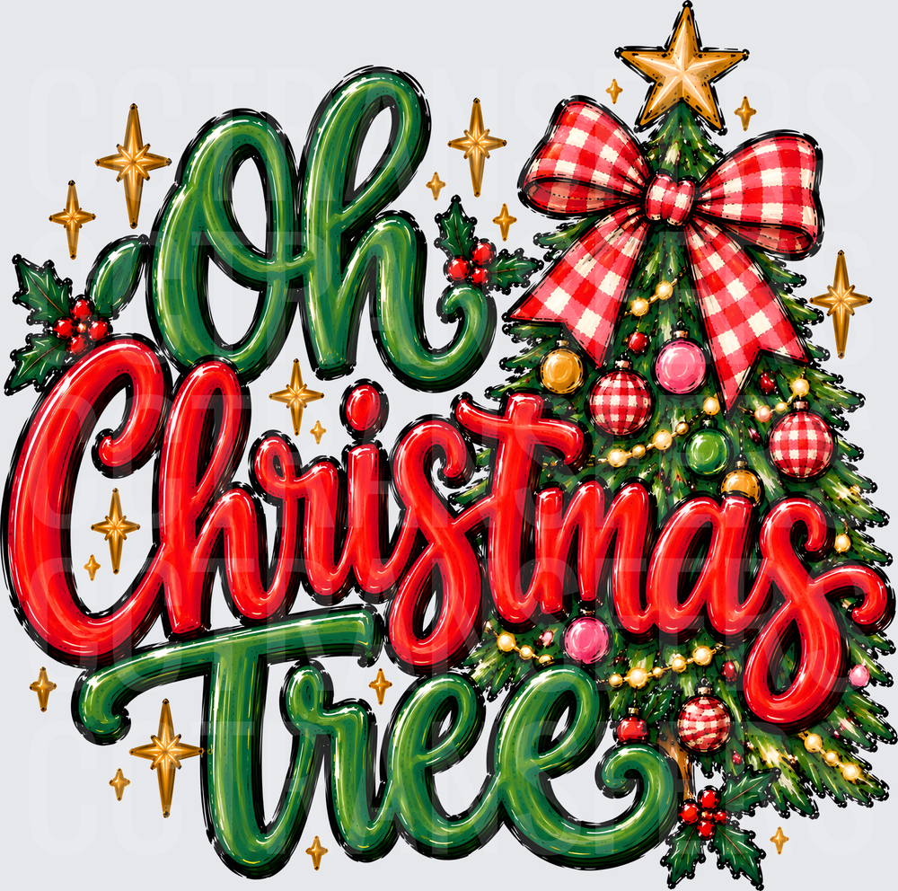 Oh Christmas Tree Plaid Bow Holiday Script Design (DTF)