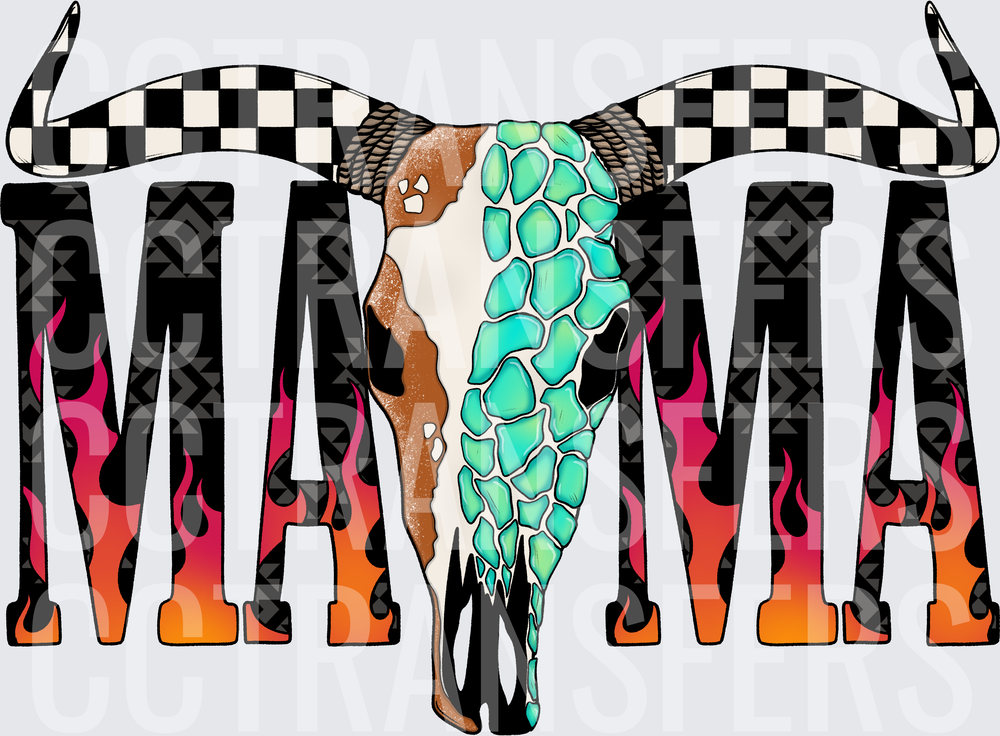 Mama Bull Skull Turquoise Aztec Flame Checkered (DTF)