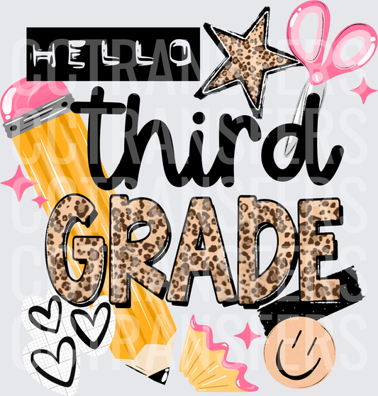 Hello Third Grade Leopard Print School Supply Design (DTF)