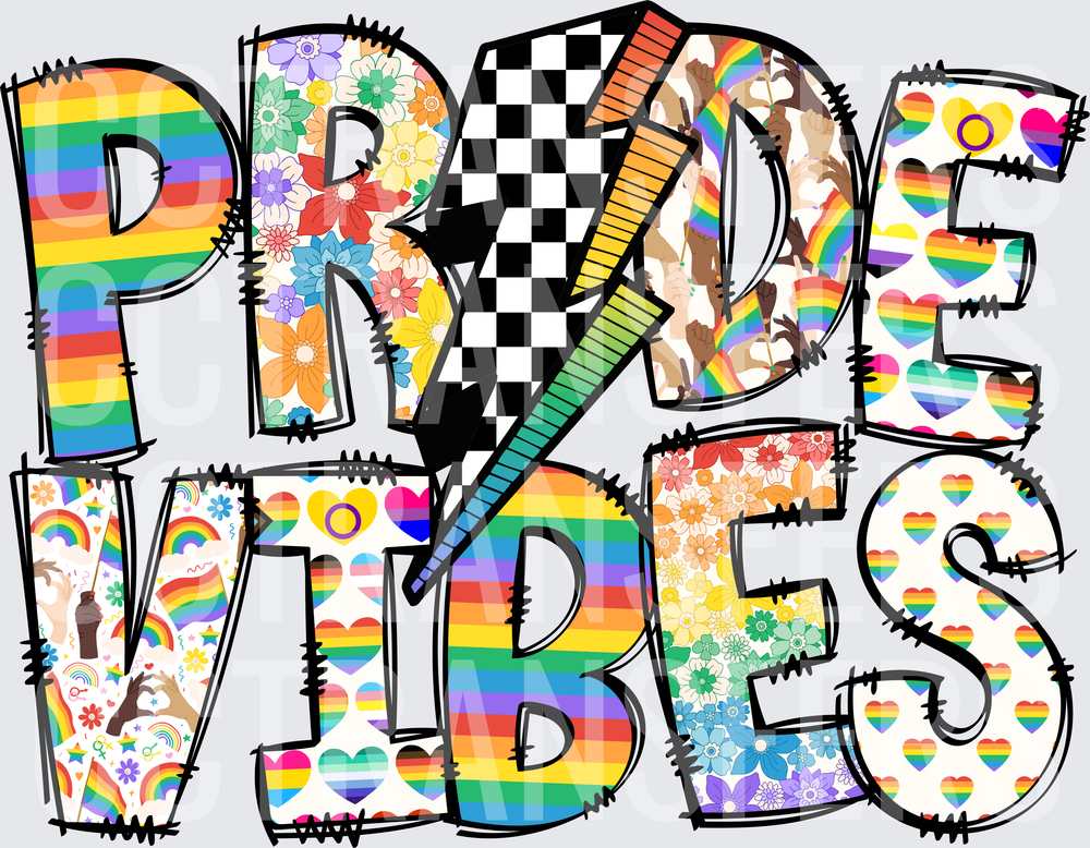 Pride Vibes Rainbow Hearts Floral Patterned Bold Letters (DTF)