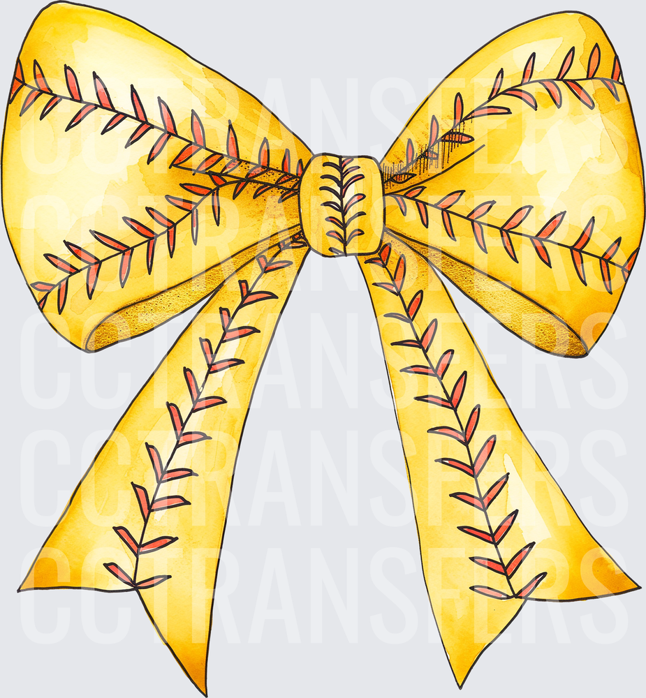 Yellow Softball Stitch Ribbon Bow Watercolor (DTF)