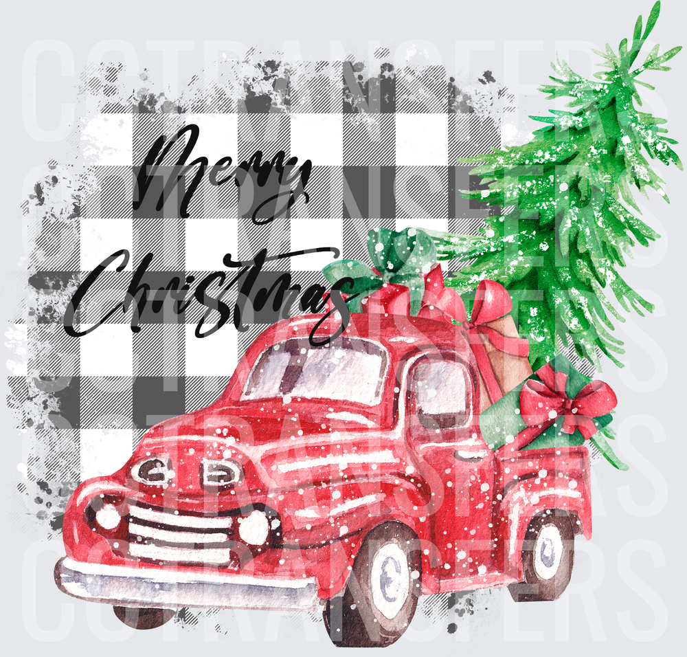 Merry Christmas Red Vintage Truck Buffalo Plaid (DTF)