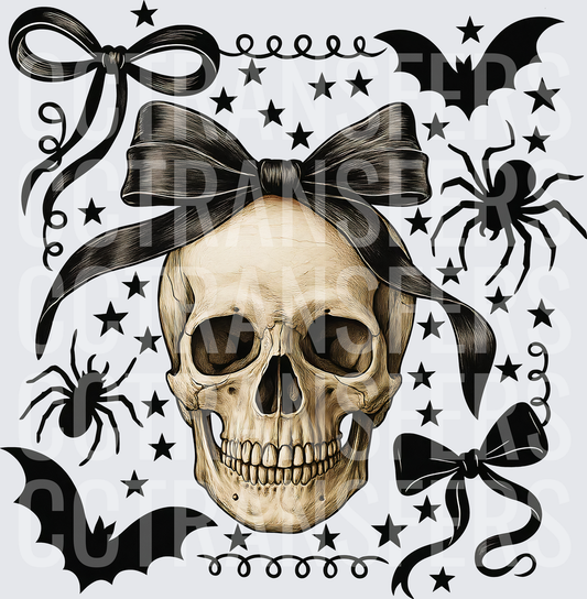 Skull With Black Bow Bats Spiders Stars Gothic Halloween (DTF)