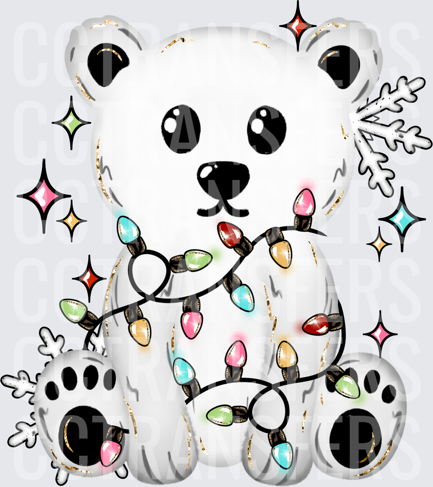 Cute Polar Bear Wrapped in Colorful Christmas Lights (DTF)