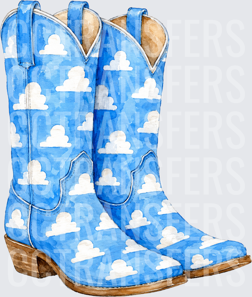 Blue Sky White Clouds Cowboy Boots Watercolor (DTF)