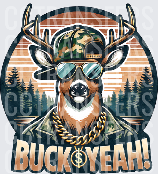Buck Yeah Deer with Camo Hat Gold Chain Sunglasses (DTF)