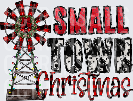 Small Town Christmas Windmill Buffalo Plaid Cow Print (DTF)