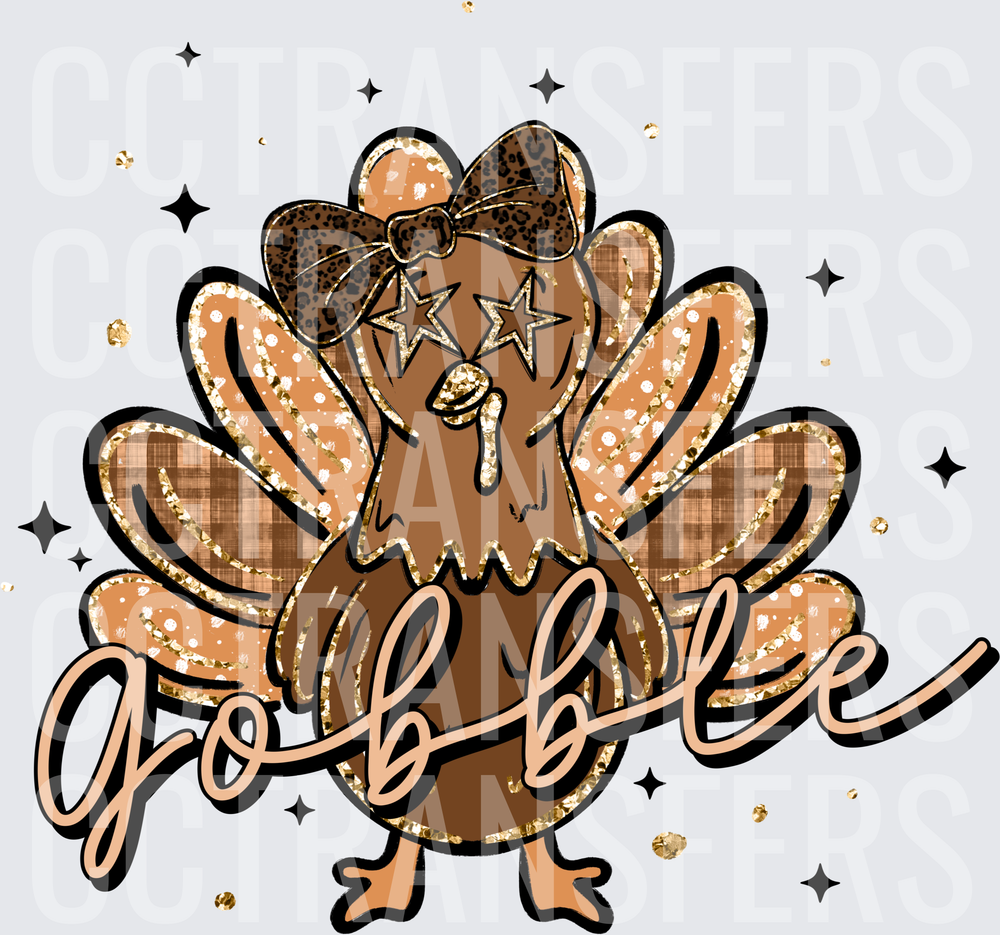 Gobble Glam Turkey with Leopard Bow and Star Eyes (DTF)
