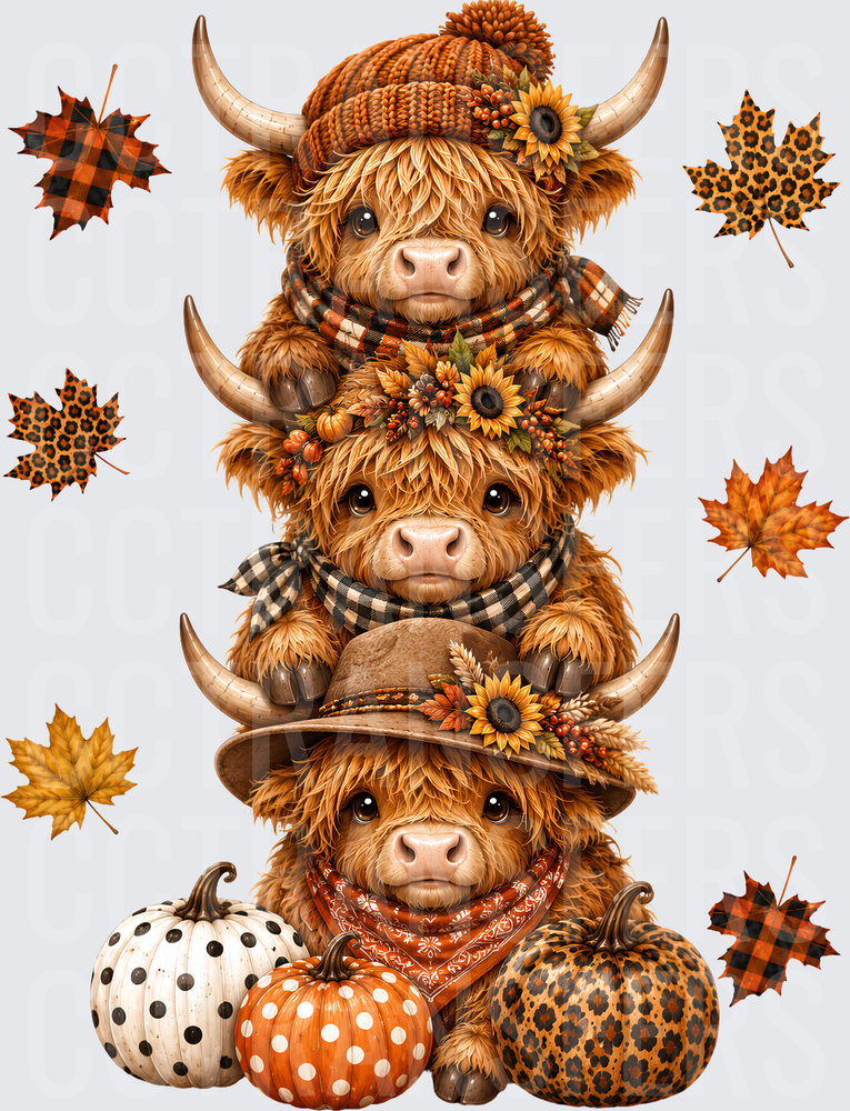 Stacked Fall Highland Cows Pumpkins Autumn Leaves (DTF)