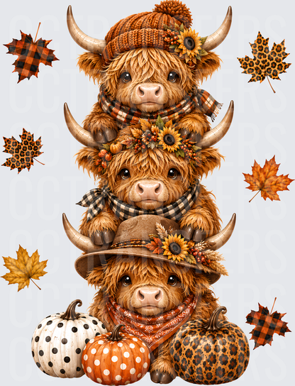 Stacked Fall Highland Cows Pumpkins Autumn Leaves (DTF)