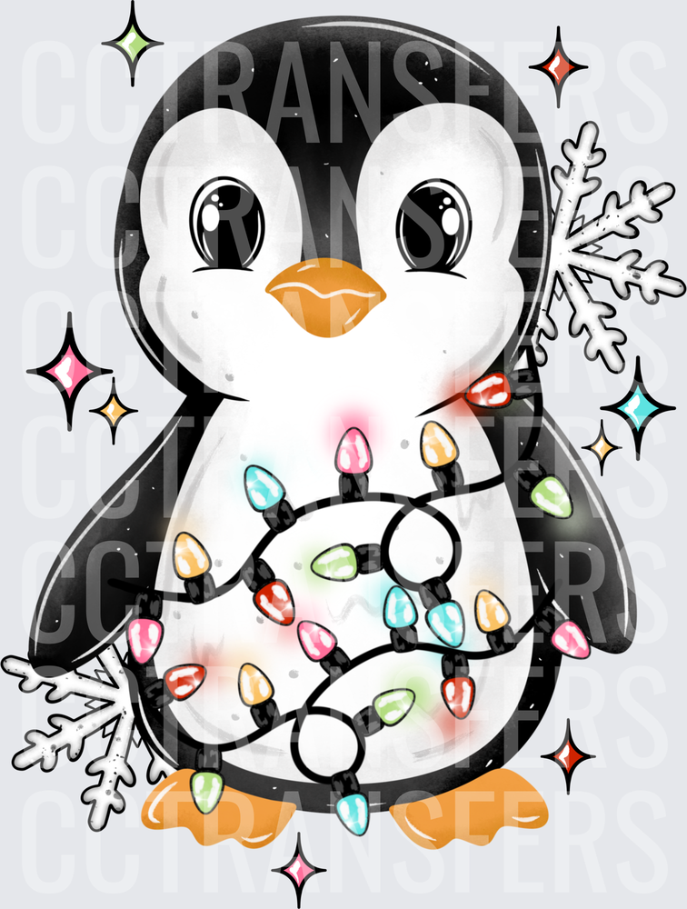 Cute Christmas Penguin Wrapped in Holiday Lights (DTF)
