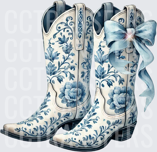 Blue & White Floral Cowboy Boots with Satin Bow (DTF)