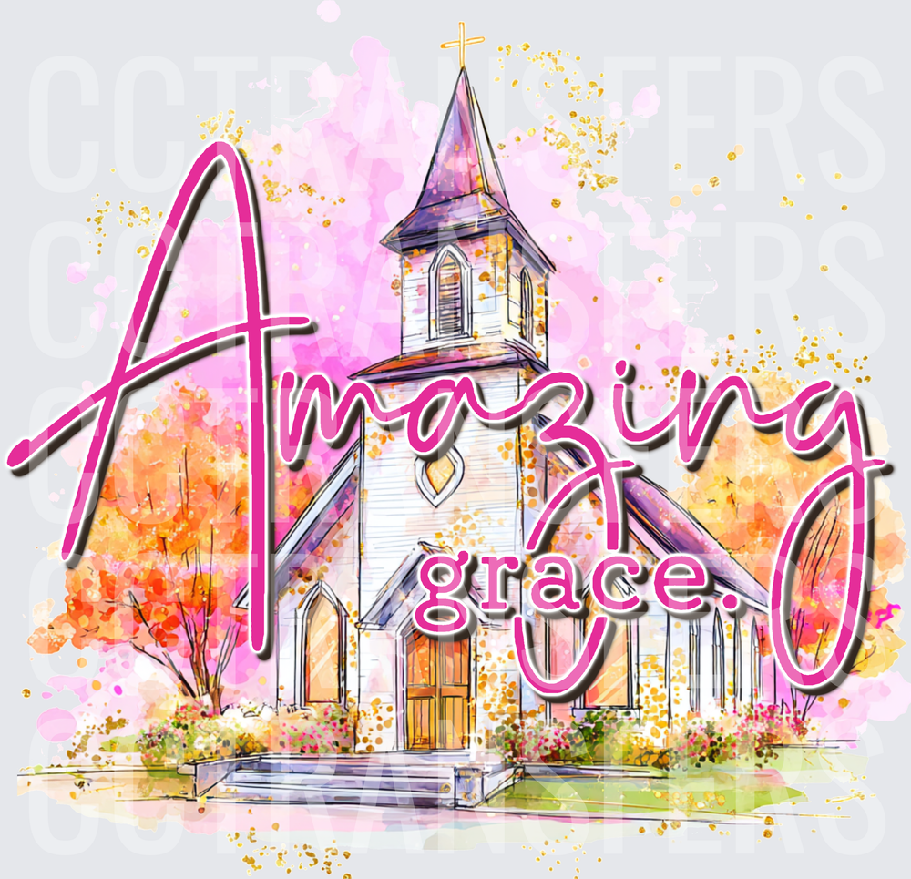 Amazing Grace Watercolor Church with Gold Glitter (DTF)