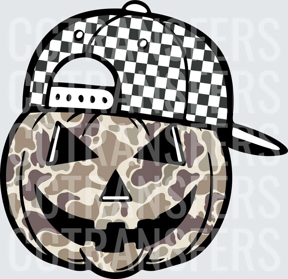 Camo Jack-O-Lantern with Checkered Snapback Hat (DTF)