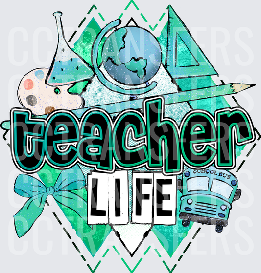 Teacher Life School Icons Teal Bow Globe Bus Design (DTF)