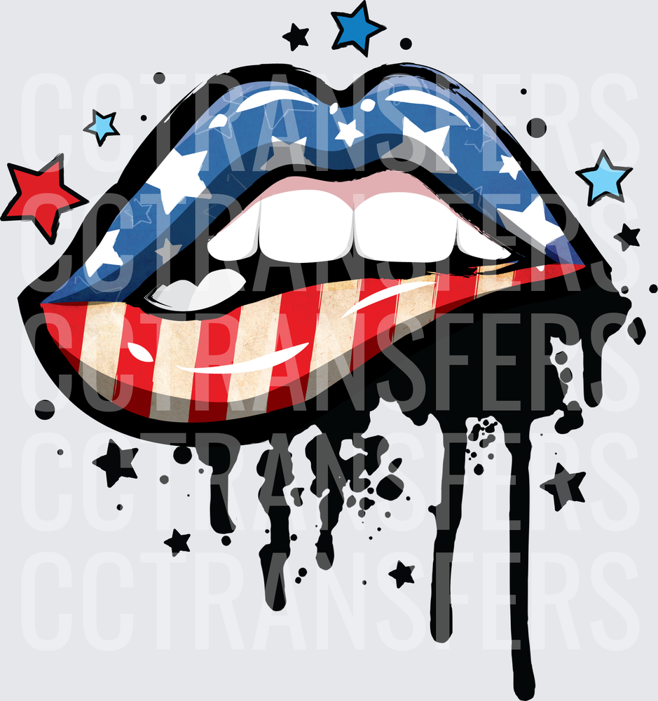 Patriotic American Flag Lips with Stars and Ink Drip (DTF)