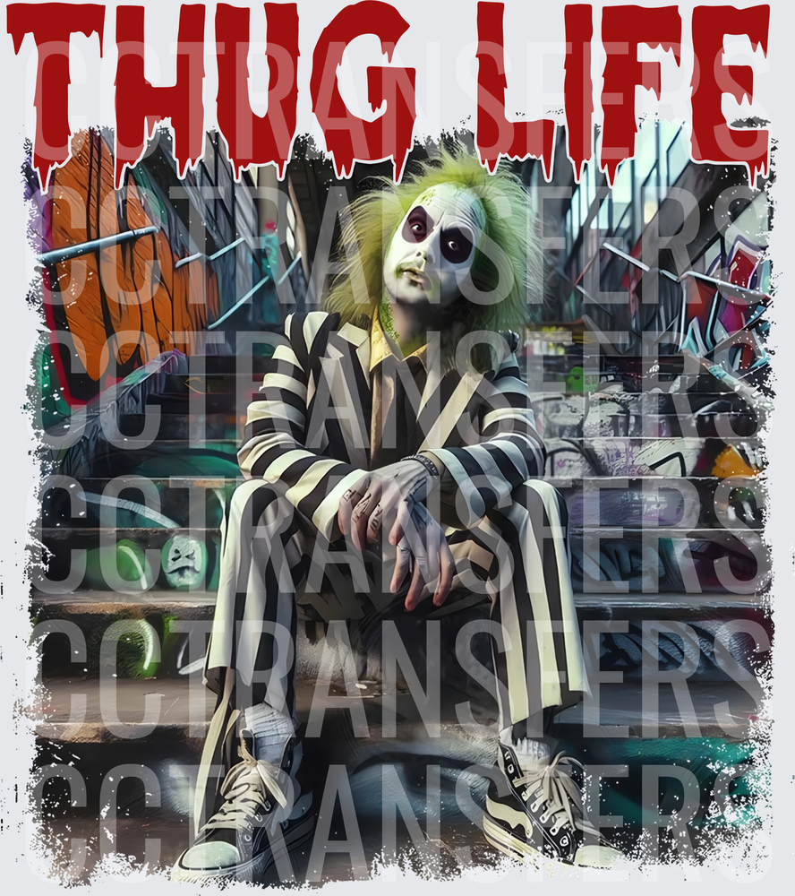 Thug Life Striped Suit Ghost Sitting on Graffiti Steps (DTF)