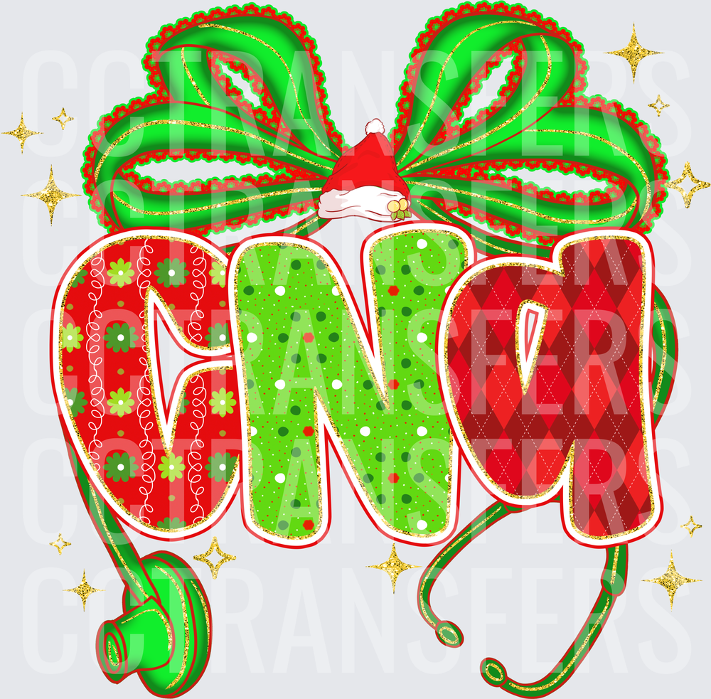 Christmas CNA Stethoscope Bow Santa Hat Holiday (DTF)