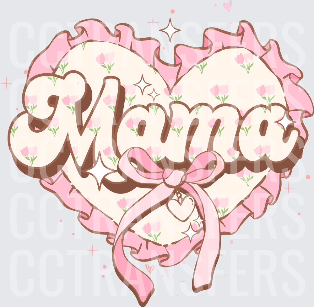 Mama Floral Heart Pink Ruffle Bow Sparkle (DTF)