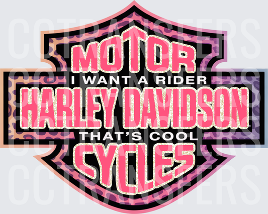 Pink Leopard Motor Cycles Shield I Want A Rider That's Cool (DTF)