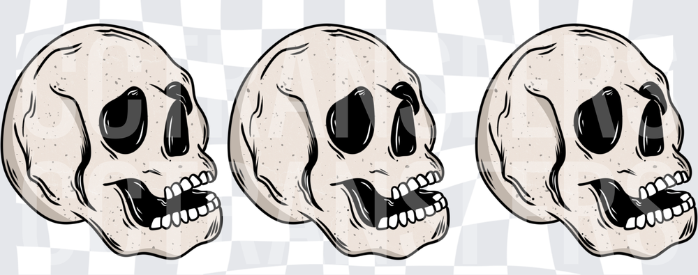 Three Grinning Skulls Side Profile Illustration (DTF)