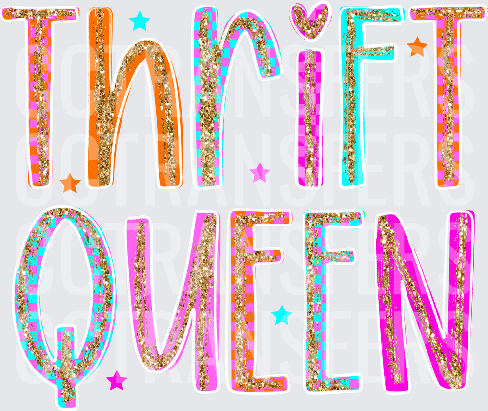 Thrift Queen Glitter Checkered Bold Typography (DTF)
