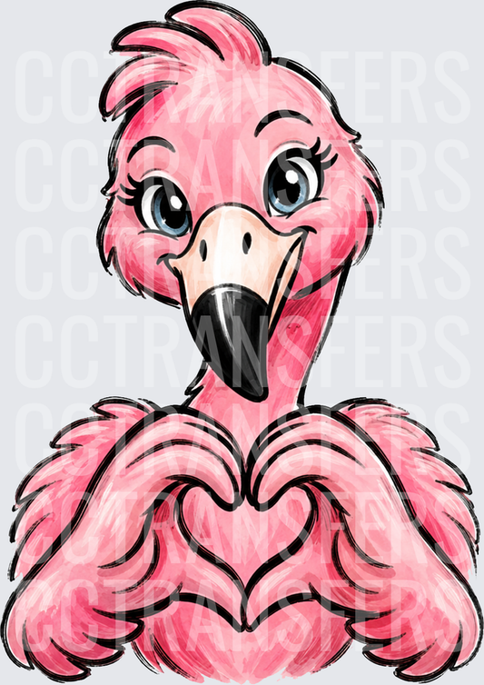 Cute Pink Flamingo Making Heart Hand Gesture (DTF)