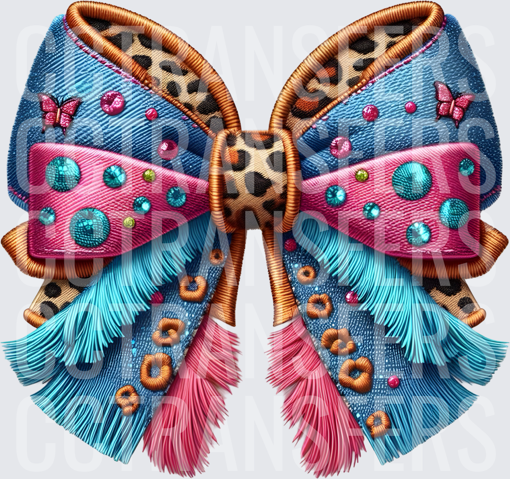 Denim Leopard Bow with Rhinestones Fringe and Butterflies (DTF)