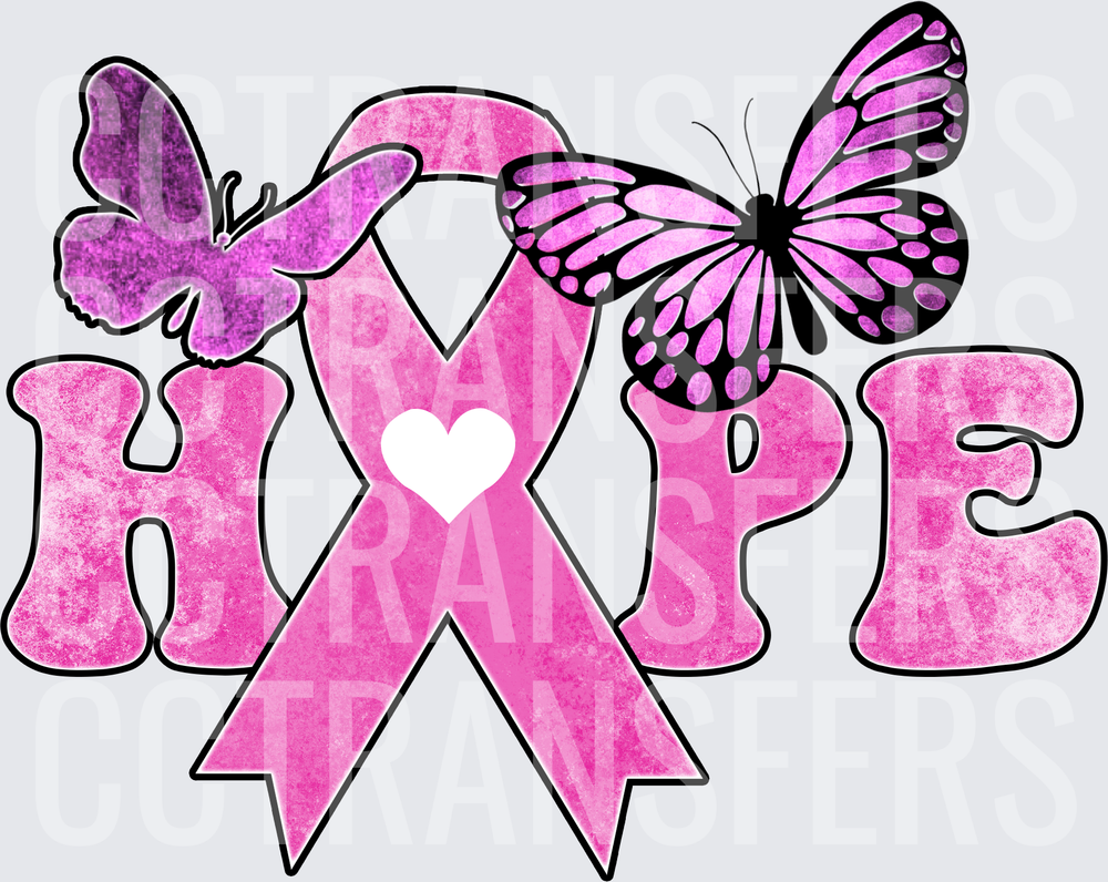 Pink HOPE Breast Cancer Ribbon Heart Butterflies (DTF)