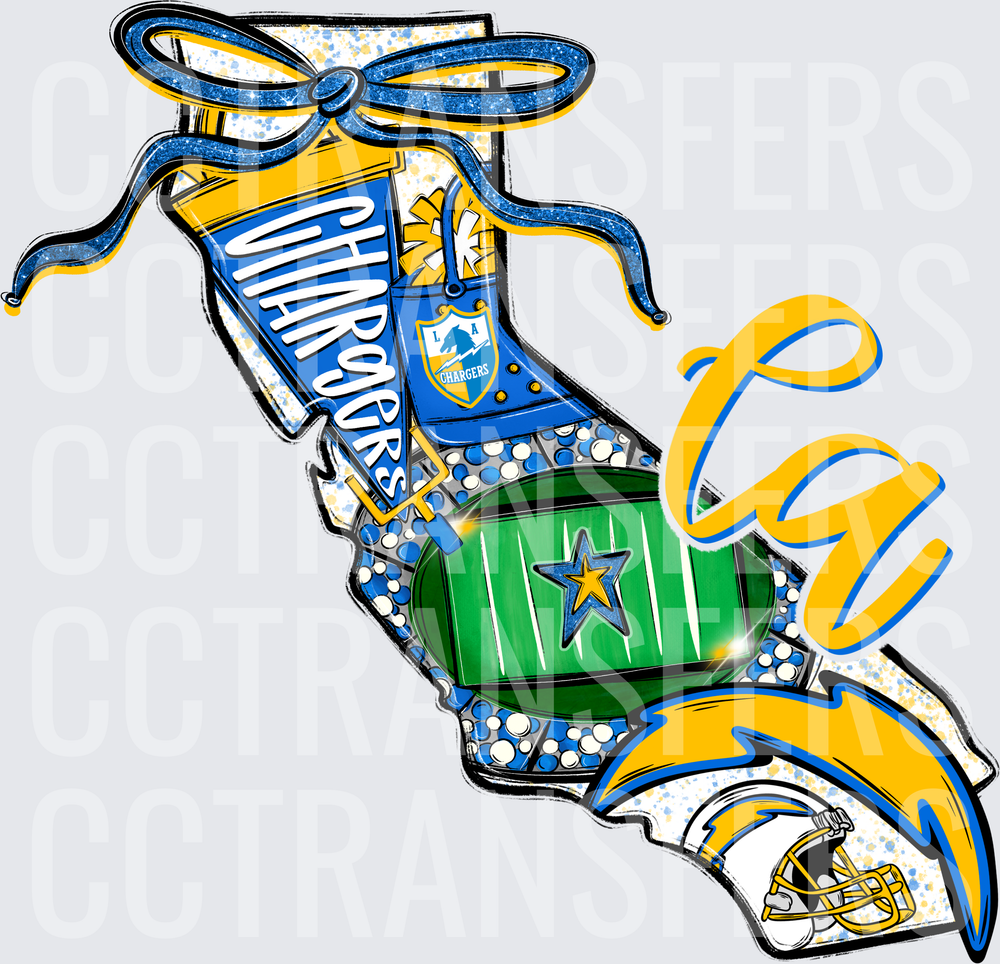 California State Shape Football Fan Glitter Bow LA (DTF)