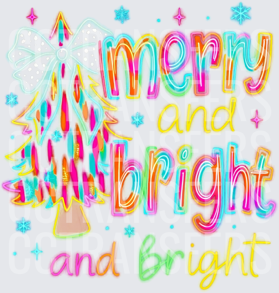 Merry and Bright Neon Christmas Tree with Bow (DTF)