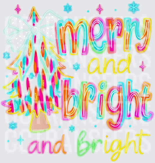 Merry and Bright Neon Christmas Tree with Bow (DTF)