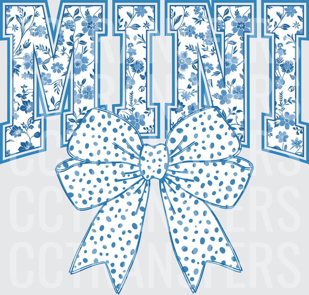 Blue Floral MINI Varsity Letters with Polka Dot Bow (DTF)