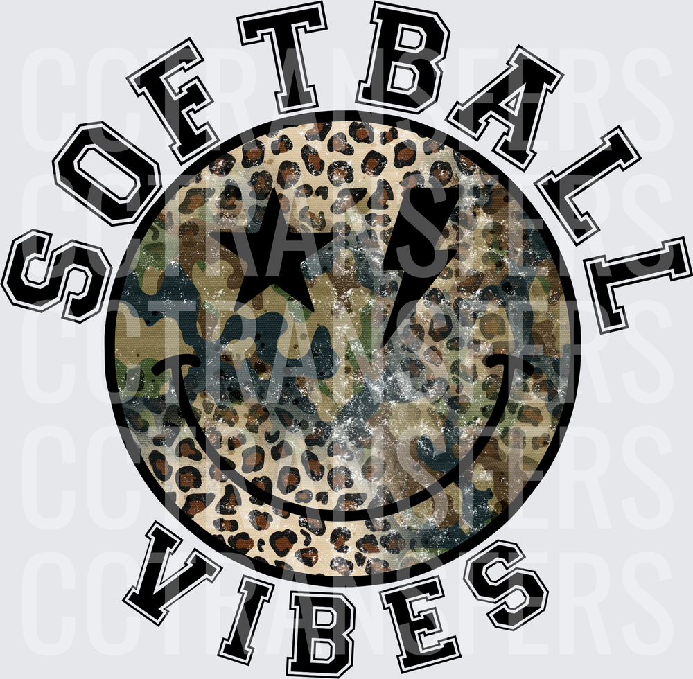 Softball Vibes Camo Leopard Smiley Face Star Lightning (DTF)