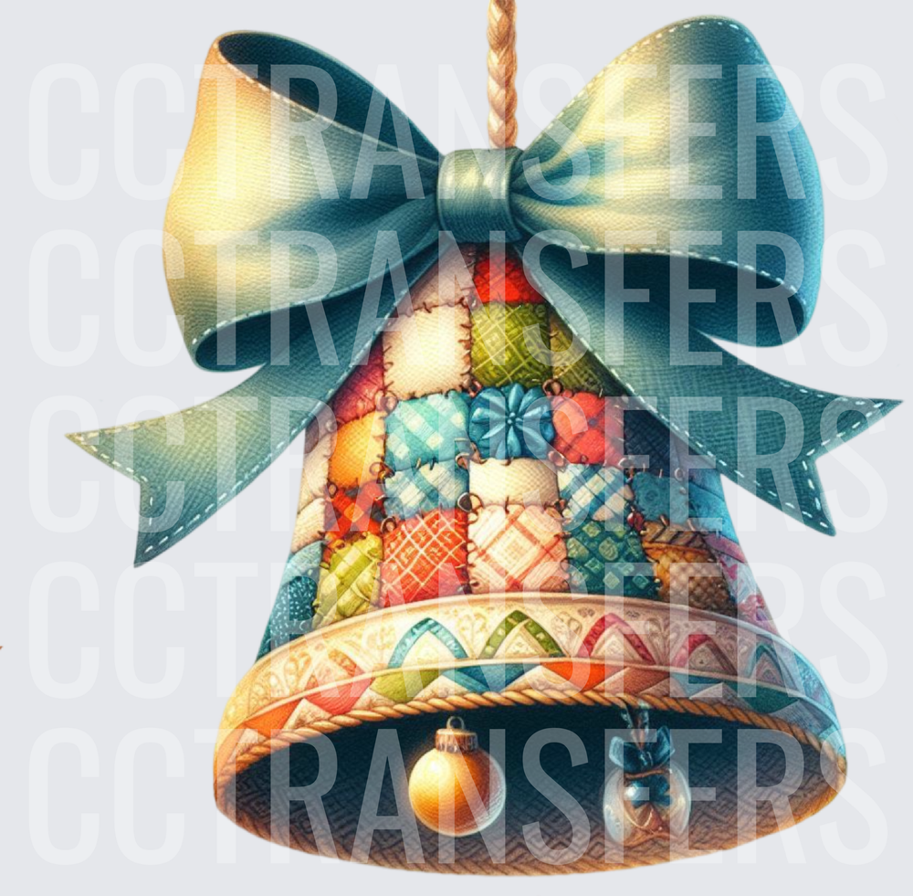 Quilted Patchwork Christmas Bell with Teal Bow (DTF)