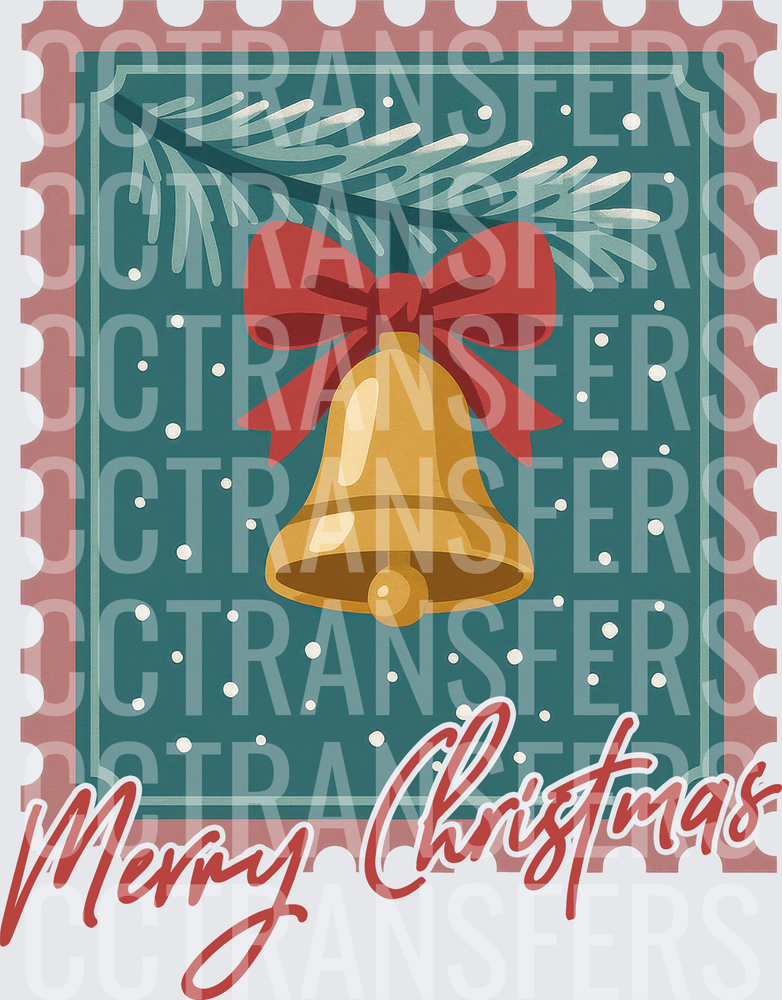 Merry Christmas Vintage Postage Stamp Gold Bell Red Bow (DTF)