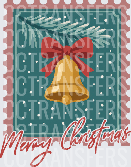 Merry Christmas Vintage Postage Stamp Gold Bell Red Bow (DTF)