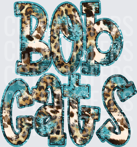Bobcats Teal Sequin Leopard Print Bold Letters (DTF)