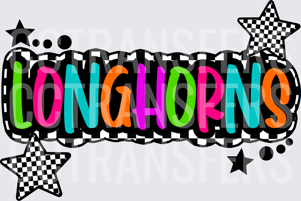Longhorns Multicolor Retro Bold Text Checkered Stars (DTF)
