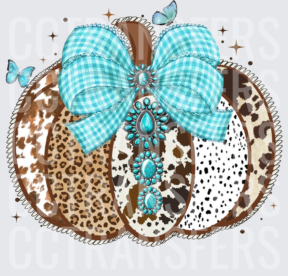 Western Cowhide Leopard Pumpkin Turquoise Bow Jewels (DTF)