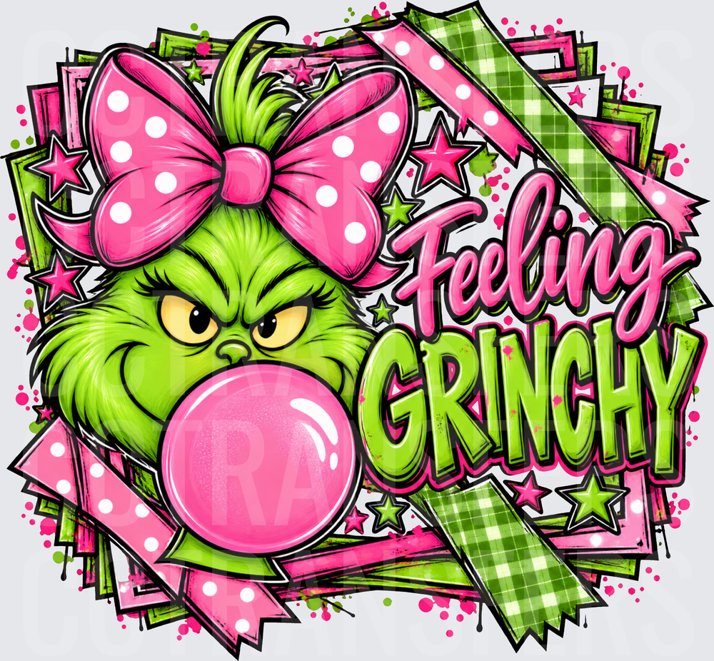 Feeling Grinchy G-Man Blowing Bubblegum Pink Bow (DTF)