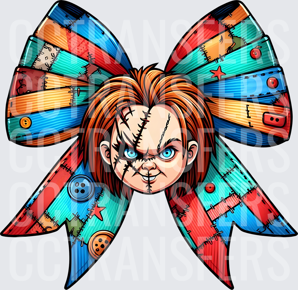 Scarred Doll Face Patchwork Cheer Bow Horror (DTF)