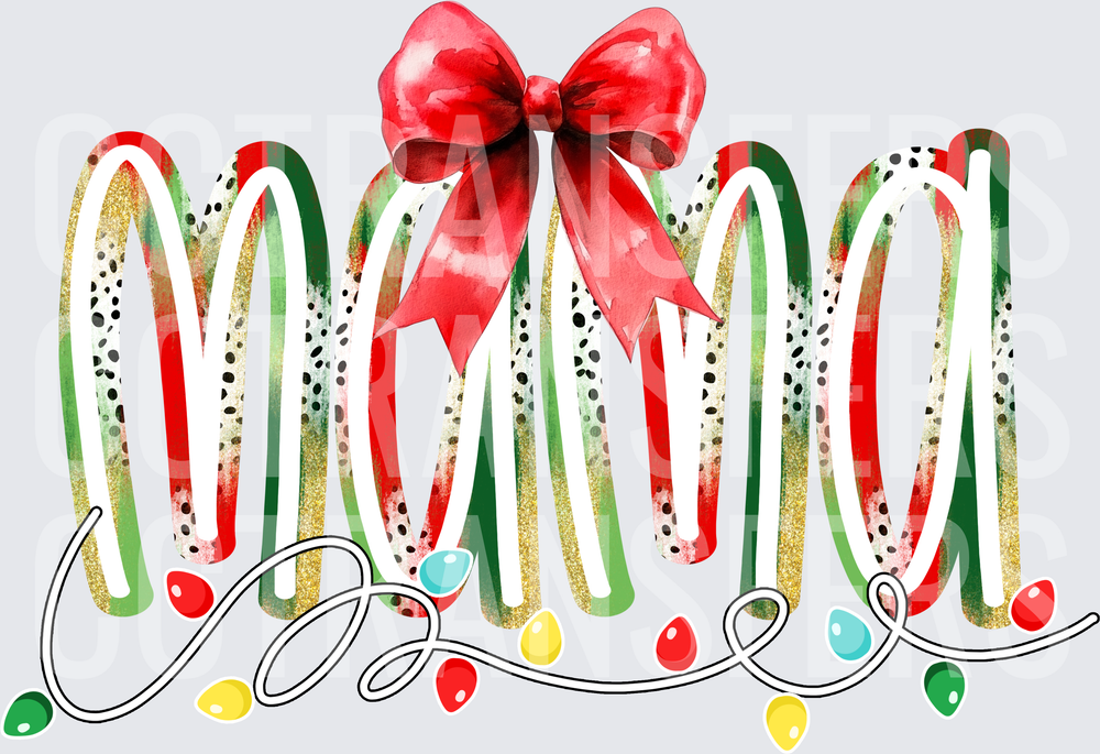 Christmas Mama Glitter Letter Red Bow Holiday Lights (DTF)